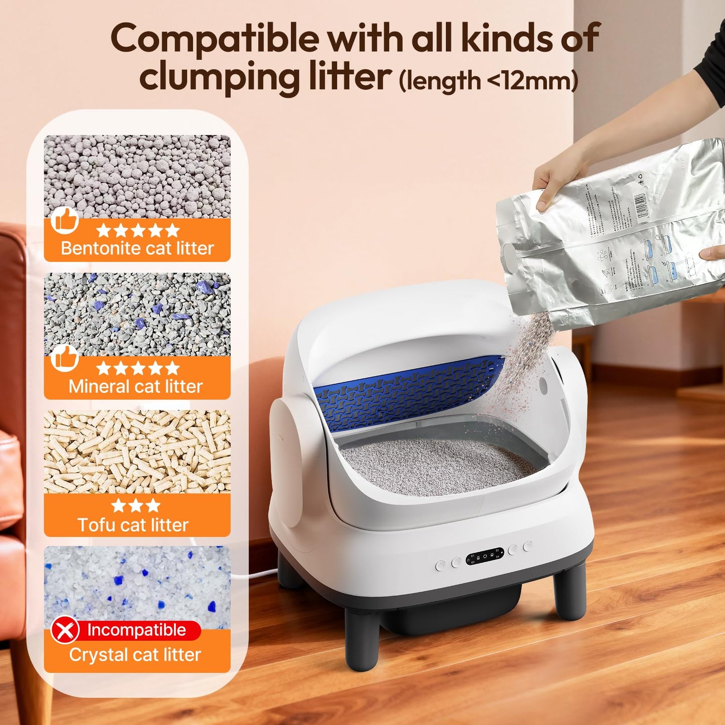 Happypaw Open-Top Self Cleaning Litter Box - Large Capacity Automatic Litter Box for Multiple Cats with Safety Protection, App Control, Odor-Free, Anti-Leakage Material, Includes Trash Bags