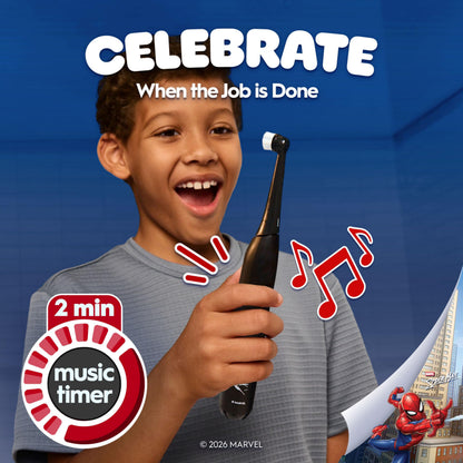 Oral-B iO Kids Rechargeable Electric Powered Toothbrush, Spiderman with 1 Gentle Care Brush Head - Automatic Pressure Sensor to Protect Gums - 3 Cleaning Settings - 2 Min Music Timer - 28 Day Battery Life