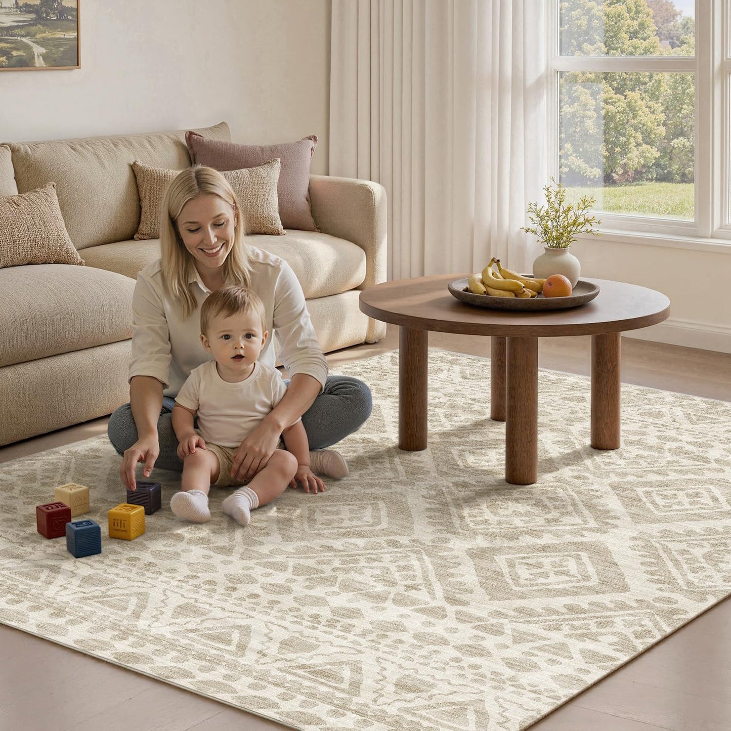 Beige Area Rug 5x7 Moroccan Carpet Rugs for Living Room Bedroom-Carpet Machine Washable Rugs for Bedroom Dining Room Living Room Rug