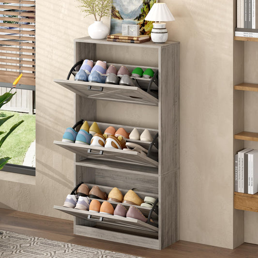 HOMEFORT Shoe Storage Cabinet for Entryway,24" Slim Shoe Organizer with 3 Flip Drawers, Narrow Shoe Rack for Front Door Entrance Washed Gray