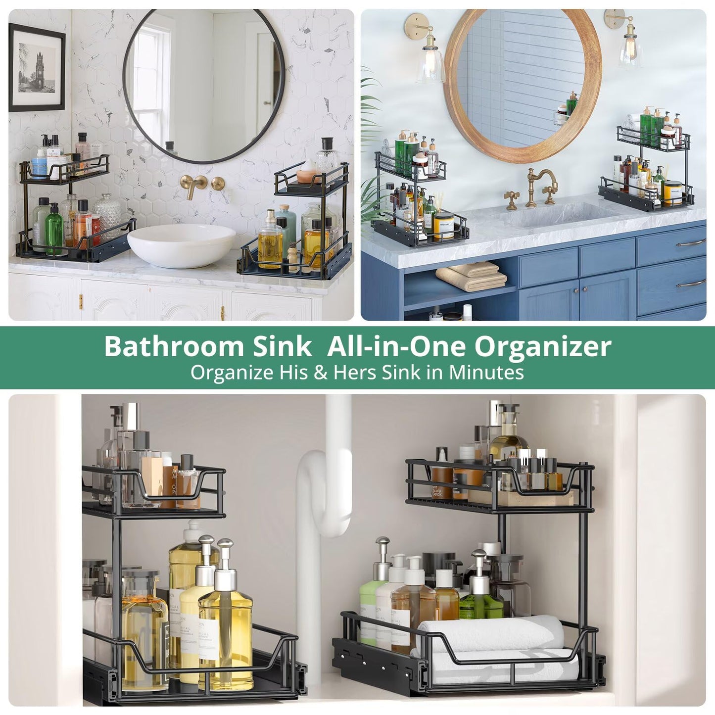 Under Sink Organizer 1-Pack, 27kg Load Smooth Glide Pull Out Drawer & 2-Tier Slide Out Shelf - Under Cabinet Storage for Kitchen & Bathroom, Rust-Resistant Steel, Fits Height≥48cm Depth≥46cm