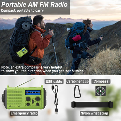 Emergency Weather Radio, Hand Crank Solar Powered 5000mAh/18500mWh AM/FM/SW Radio, NOAA Certified, Phone Charger, Flashlight/Reading Lamp, Compass, SOS for Indoor Outdoor Camping Earthquakes Survival
