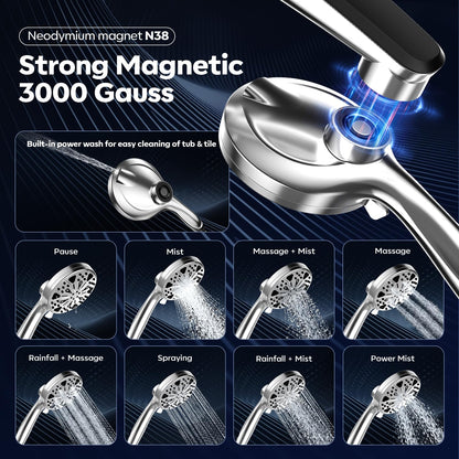 Rain Shower Head with Handheld High Pressure Rainfall Shower Heads with Handheld Spray Combo Adjustable one-piece Stand daul Shower Head Built-in Magnetic Docking and Power Jets（Sliver）