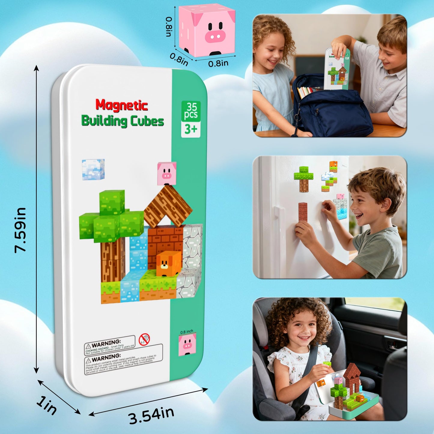 Magnetic Blocks Magnetic Building Blocks Cubes - 35PCS Tin Box Magnet Toys Travel Set STEM Educational for Kids Ages 4-8, 6-8, 8-12 Year Old Boys and Girls Birthday Christmas