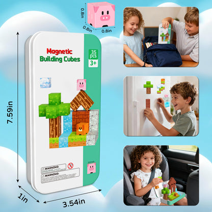 Magnetic Blocks Magnetic Building Blocks Cubes - 35PCS Tin Box Magnet Toys Travel Set STEM Educational for Kids Ages 4-8, 6-8, 8-12 Year Old Boys and Girls Birthday Christmas