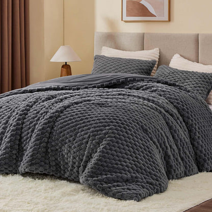 BEDELITE Fluffy Queen Comforter Set, Grey Fleece Bed Set 3 Pieces
