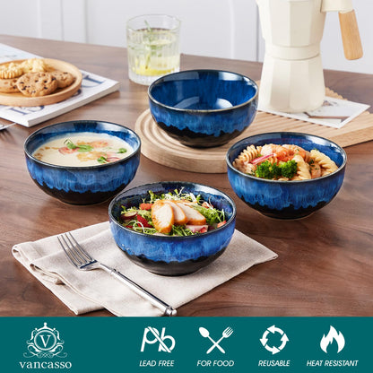 vancasso Starry 24oz Bowls for Soup, Ceramic Soup Bowls Set of 4, Blue Cereal Bowls Set, Salad Bowls Set of 4, Pasta Oatmeal Bowls, Lead-Free, Dishwasher & Microwave Oven Safe, Blue