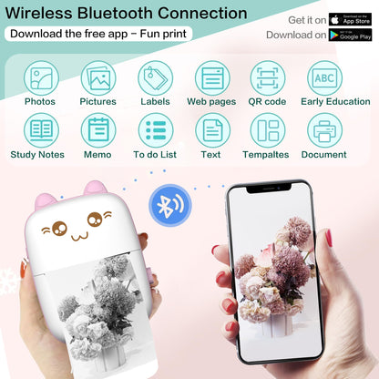 Mini Printer Portable, Inkless Sticker printer with 8 Rolls Paper, Bluetooth Wireless mini thermal printer Compatible with iOS + Android for Journal, Memo, Photo, Print Pod Gifts for Girls Kids (Pink)