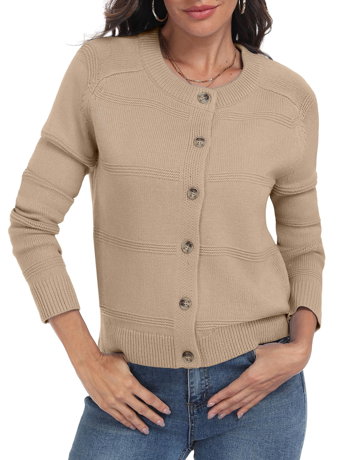 PrinStory Cardigans for Women Long Sleeve Open Front Button Down Cardigan Sweater Fall Winter Khaki XL