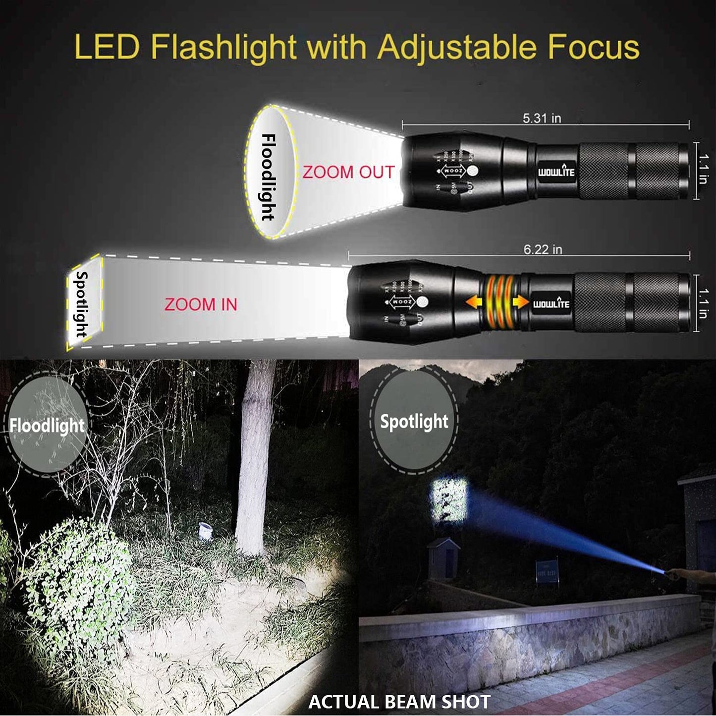 wowlite Tactical Flashlight, Wowlite Ultra Bright XML T6 LED Torch with 5 Light Modes & Adjustable Focus for Emergency Camping Hiking (2 Pack)