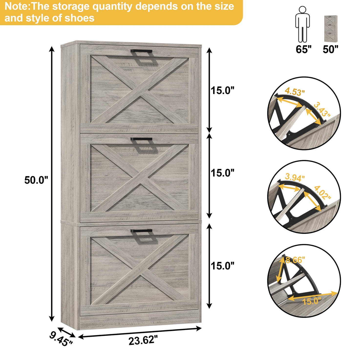 HOMEFORT Shoe Storage Cabinet for Entryway,24" Slim Shoe Organizer with 3 Flip Drawers, Narrow Shoe Rack for Front Door Entrance Washed Gray