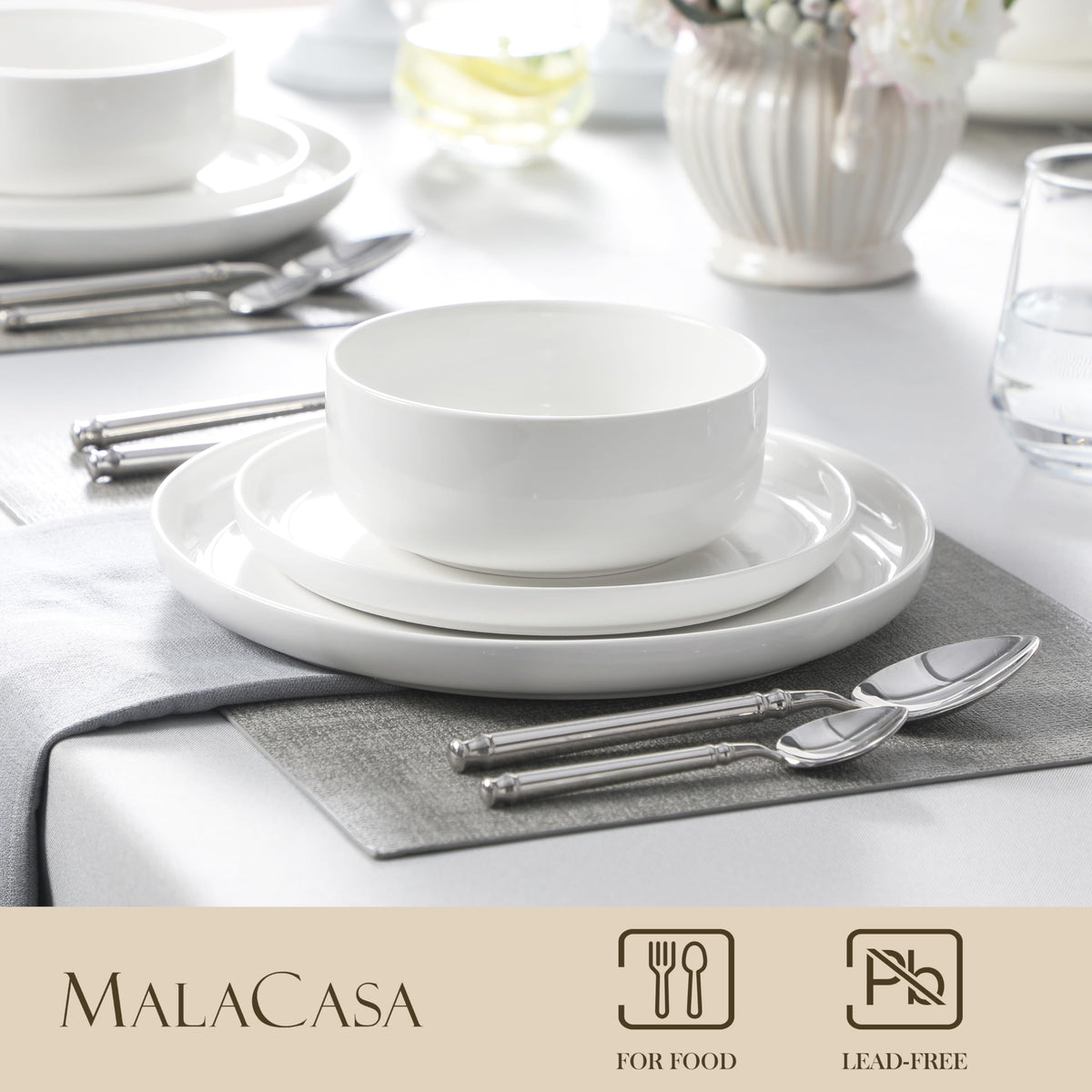 MALACASA Plates and Bowls Sets, 12 Pieces Porcelain Dinnerware Sets Dishware Sets Chip Resistant Ceramic Dish Set Dining Dinner Ware Service for 4, White, Series Luna