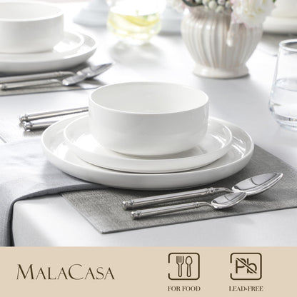 MALACASA Plates and Bowls Sets, 12 Pieces Porcelain Dinnerware Sets Dishware Sets Chip Resistant Ceramic Dish Set Dining Dinner Ware Service for 4, White, Series Luna