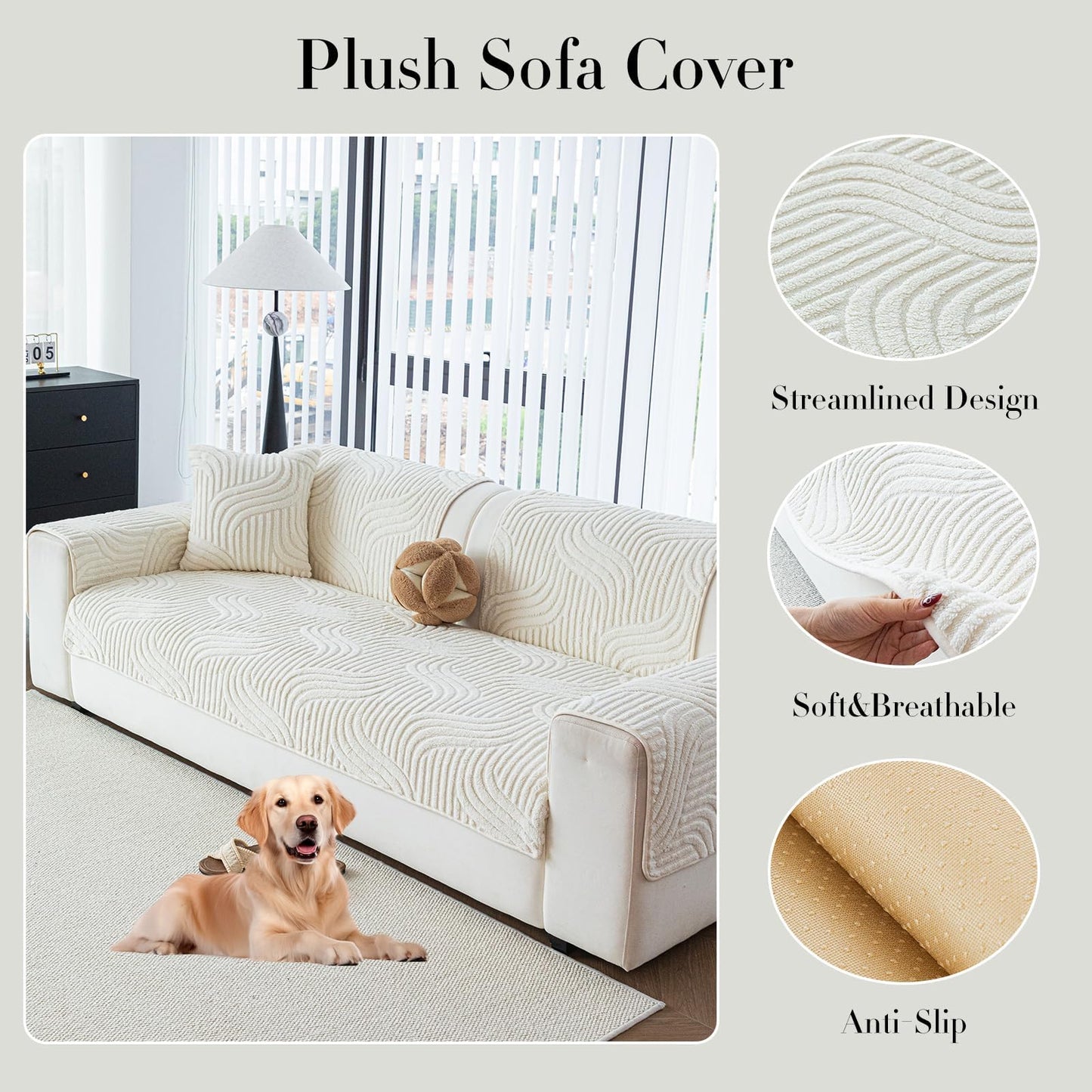 TTG Soft Plush Sofa Cushion Cover, Housse Divan Non-Slip Couch Seat Cover with Textured Wave Design, Thick Washable Furniture Protector for Living Room, Pet Friendly, All Season Use