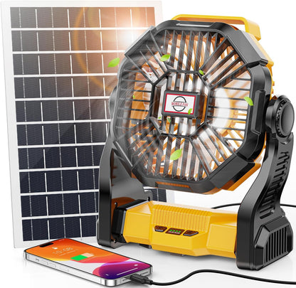 20000mAh Solar Powered Fan, 7W Solar Panel Portable Solar Fan with LED Lantern, Rechargeable Battery Powered Camping Fan for Picnic, Barbecue, Fishing, Travel (Yellow, Milliamp Hours, 20000)