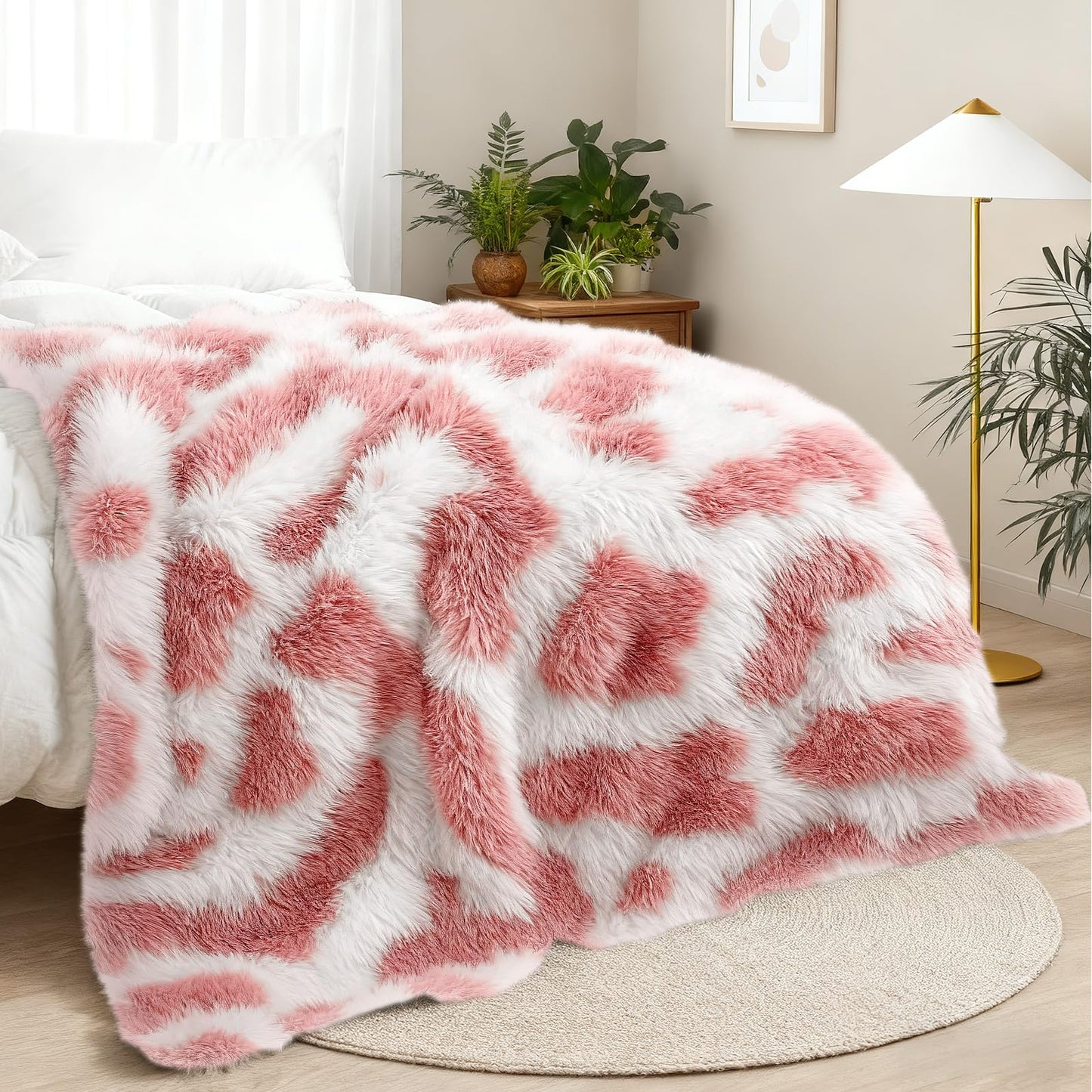 Cow Print Throw Blanket for Couch - Luxury Soft Shaggy Faux Fur Blanket, Cute Fuzzy Plush Cozy Fluffy Blankets for Girls Women, Warm Comfy Bed Sofa Decor, Birthday Gifts,50"x60"(Cow Print Pink)