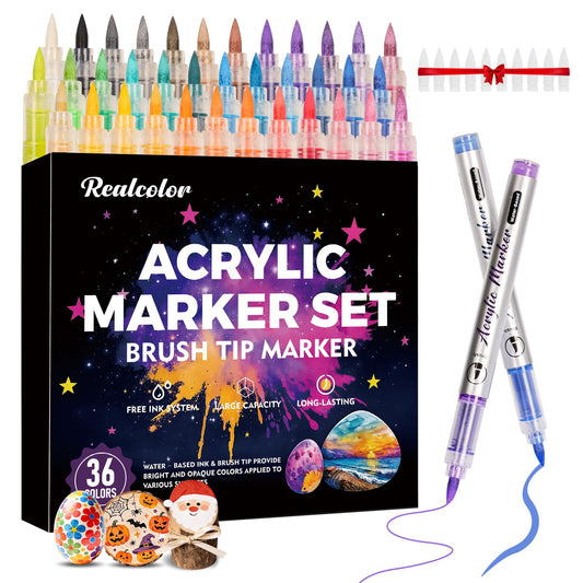 realcolor 36 Colors Acrylic Paint Markers, Soft Brush Tip Acrylic Paint Pens Paint Markers for Wood, Stone, Canvas, Glass, Fabric, Egg, Rock Painting, and DIY Crafts Non-Toxic, Art Supplies
