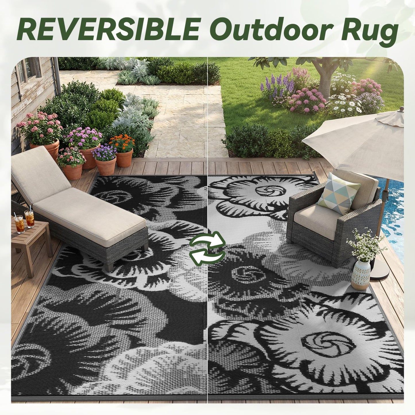 COCOER-Outdoor Rug-Patio Rug 5x8 ft Waterproof Outdoor Patio Rug Picnic Mat Outside for Courtyard Deck Balcony Backyard Reversible Portable Tapis Exterieur Black White Floral