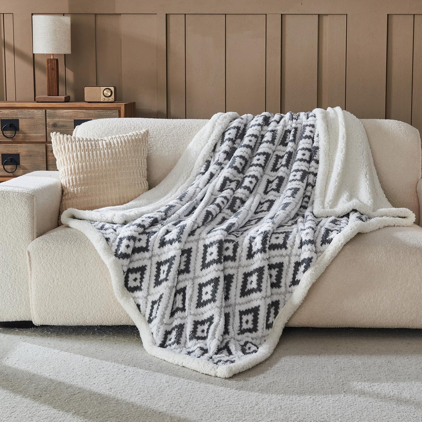 Lotus Karen Sherpa Throw Blankets for Couch Thick and Warm Blanket for Winter Soft Fuzzy Cozy Fluffy Blanket for Sofa Diamond Jacquard Grey 50"x60"