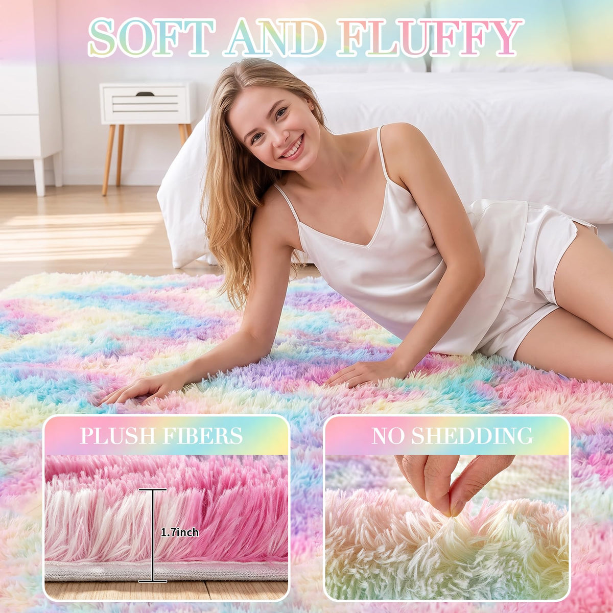 Huiuhjirug Rainbow Fluffy Rug,5x7 Washable Carpet for Living Room Girls Kid