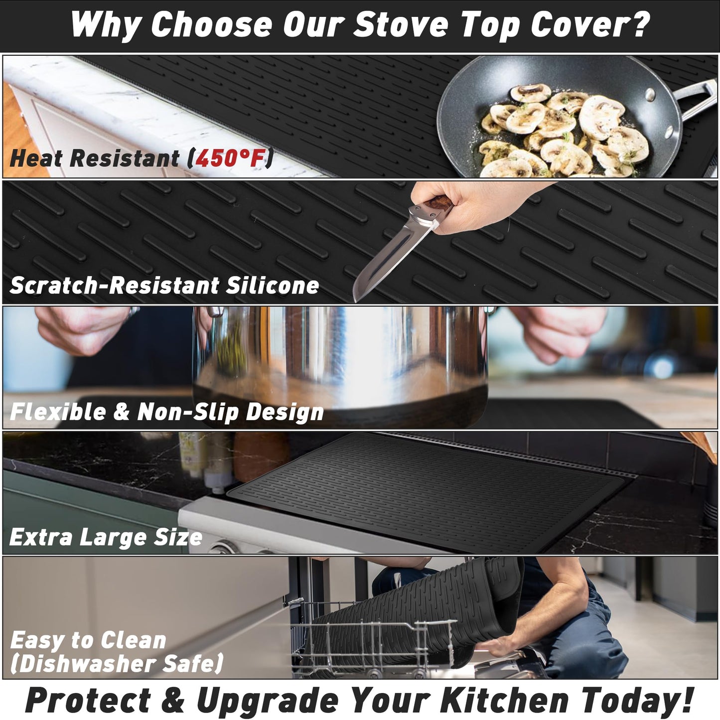 Stove Top Cover for Electric Stove, Silicone Glass Cooktop Protector, 28"x20" Stove Mat, Cooktop Protector, Heat Resistant Range Ceramic Stove Top Covers Mat, Dish Drying Mat XL (Black, 28" x 20")