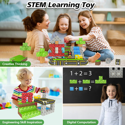 Magnetic Blocks, Magnetic Building Blocks for Kids Age 3+, Mine World Build Set, STEM Toys Road Construction Toy Magnetic Cubes with Car for Kids, Christmas Birthday Gift for Boys Girls
