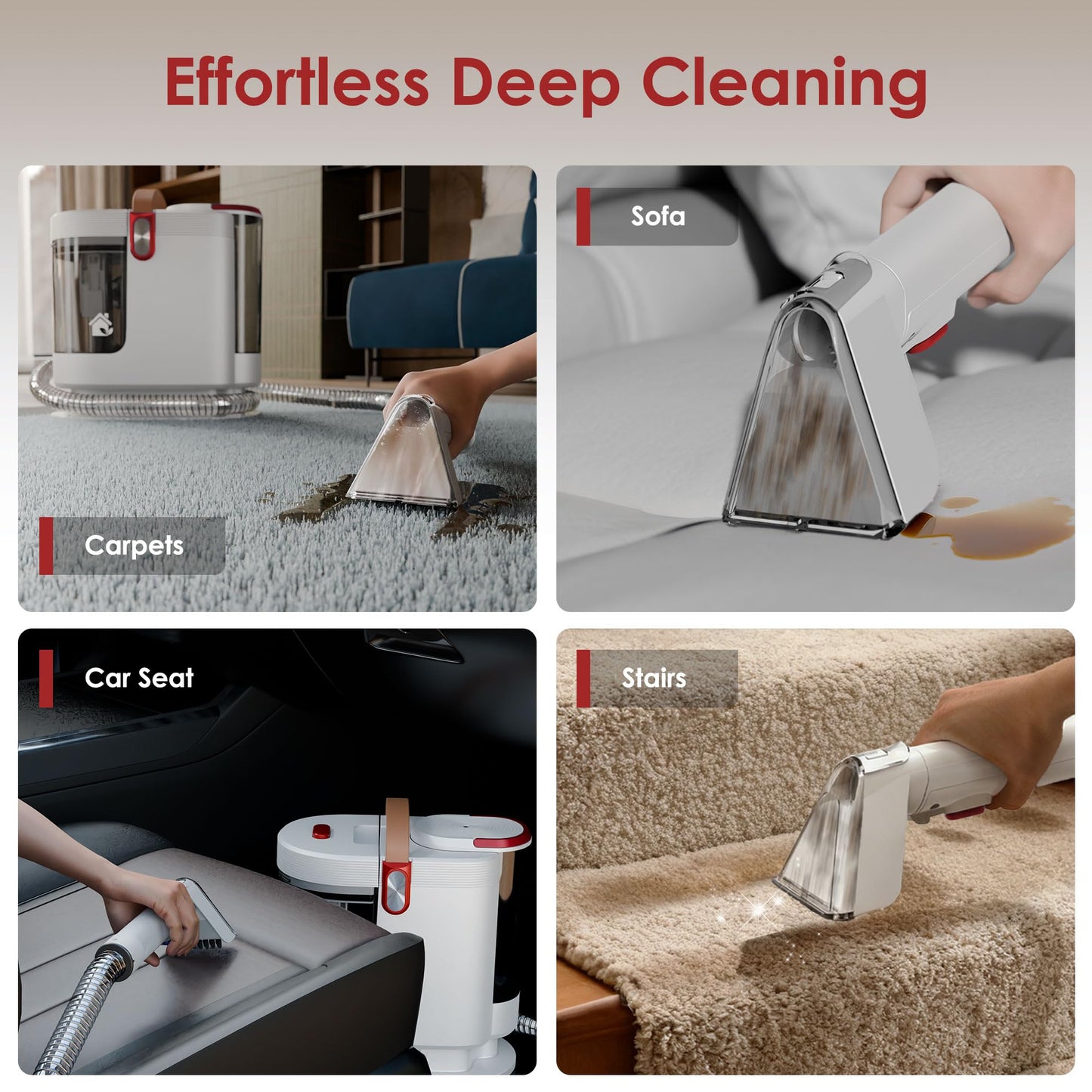 WURESE Portable Carpet Cleaner Machine, Upholstery Washer, 15Kpa Upholstery Deep Cleaner with 3 Tools, 54oz Large Water Tank, 16.4ft Power Cord, Spot and Stain Deep Cleaner for Rug, Couches, Car, Red