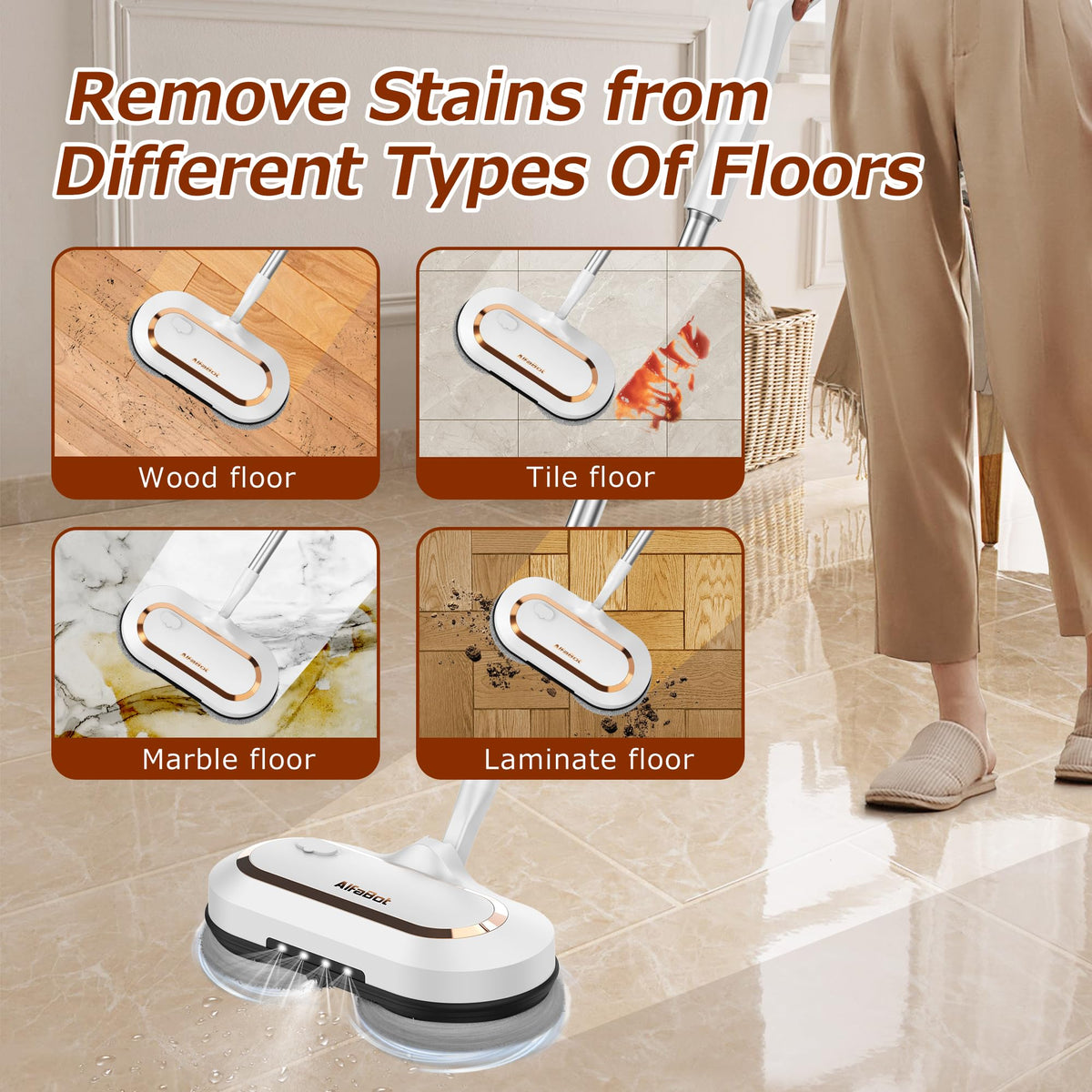 AlfaBot S2 Electric Spin Mop with Water Sprayer for Hardwood & Tile