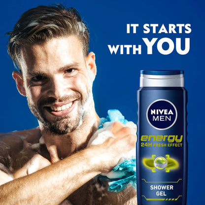 NIVEA MEN Energy 3-in-1 Shower Gel, Body Face Hair, Mint Extract, 500ml