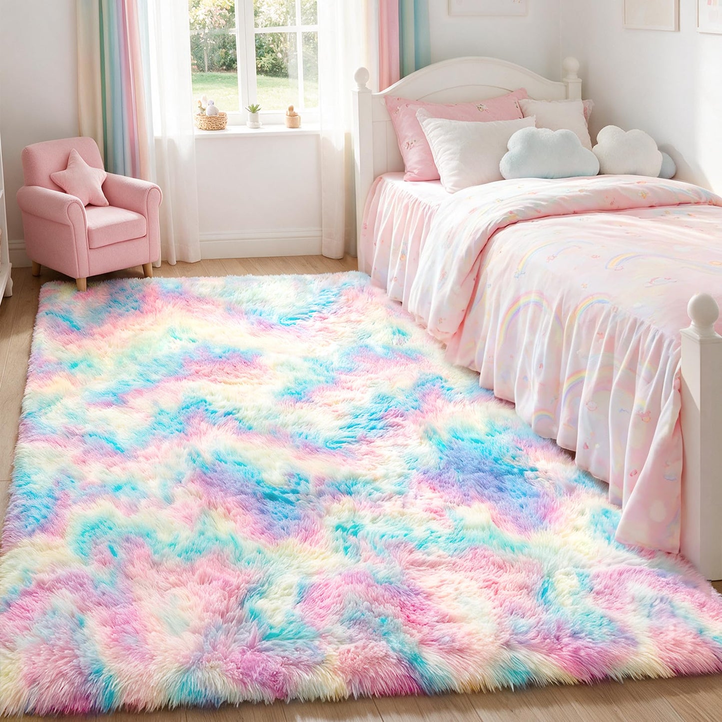 Huiuhjirug Rainbow Fluffy Rug,5x7 Washable Carpet for Living Room Girls Kid