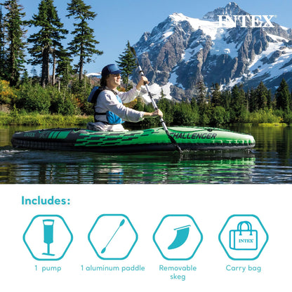INTEX 68305EP Challenger K1 Inflatable Kayak Set: Includes Deluxe 86in Aluminum Oar and High-Output Pump – Adjustable Seat with Backrest – Removable Skeg – 1-Person – 220lb Weight Capacity