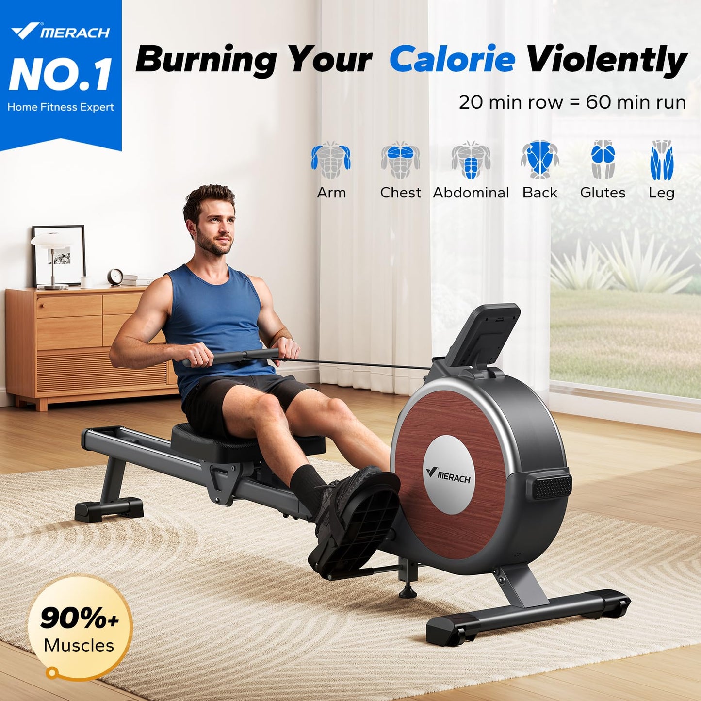 Rowing Machine, MERACH Bluetooth Magnetic Rower Machine with Dual Slide Rail, 16 Levels of Electromagnetic Resistance, Max 350lb Weight Capacity, App Compatible, Rowing Machines for Home Use