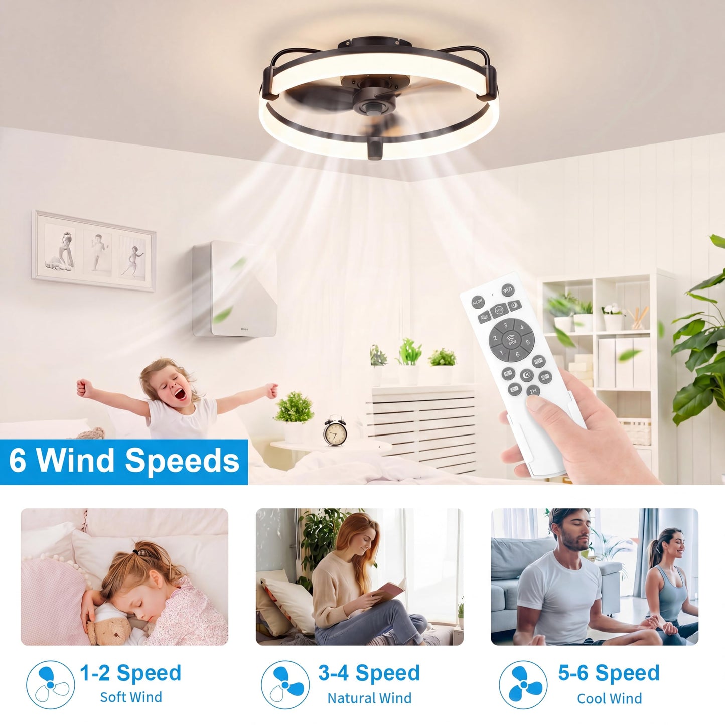 Teilybao Ceiling Fans with Lights for Bedroom Kitchen Room Ceilings, LED Dimmable Bladeless Flush Mount Low Profile Ceiling Fan Light with Remote, 6 Wind Speeds, Timer Setting, 3000-6000K - Black 20''