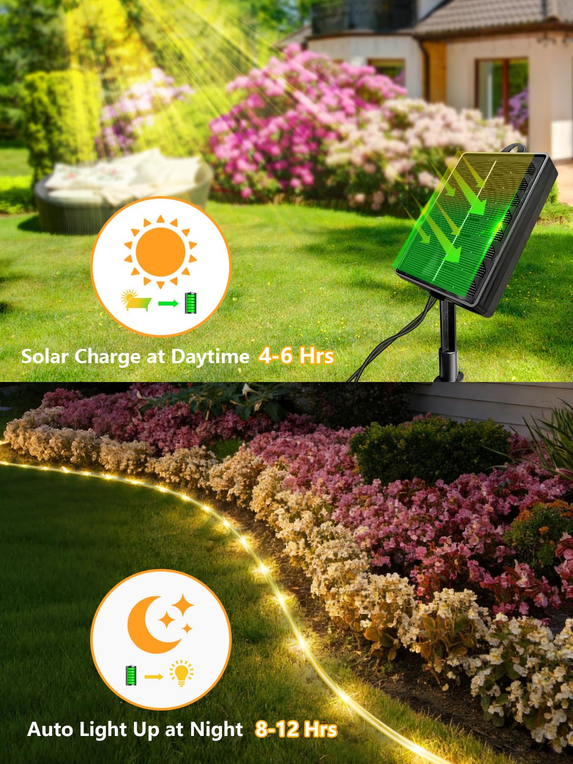 DREAMLAND 66FT Solar Rope Lights, Outdoor String Lights with Remote Control, 200 LED Tube Tree Lights IP65 Waterproof, 8 Lighting Modes Patio Garden Party Wedding Christmas Decorations, Warm White