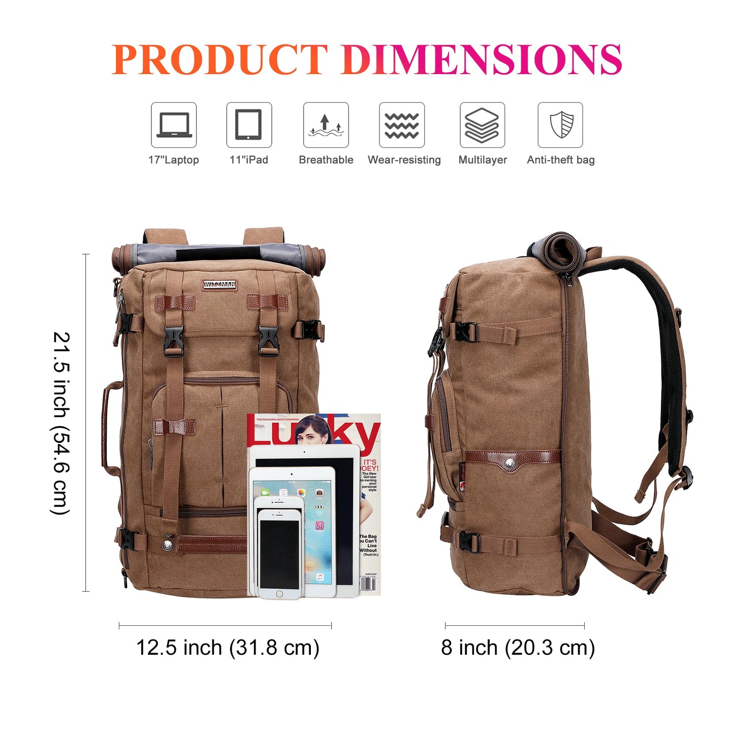 WITZMAN Canvas Travel Backpack for Men Vintage Laptop Backpack