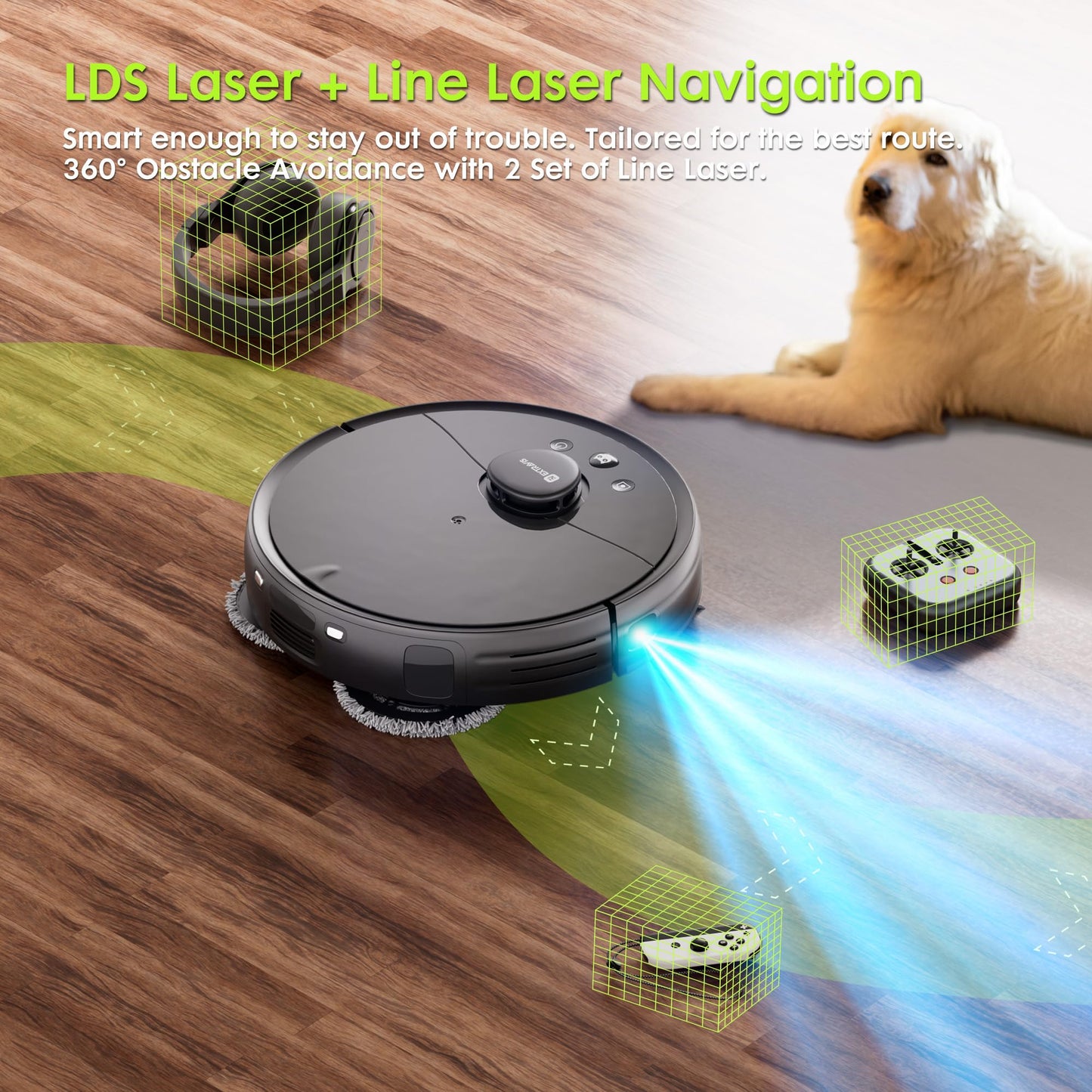 Robot Vacuum and Mop, V5 Pet Hair Tangle Cutter™, 8500Pa, 75-Day Capacity, Laser Navigation, Pet Laser, Ideal for Hair, Hard Floors, Tile, Carpet, Robotic Vacuums Cleaner for App/Alexa Control