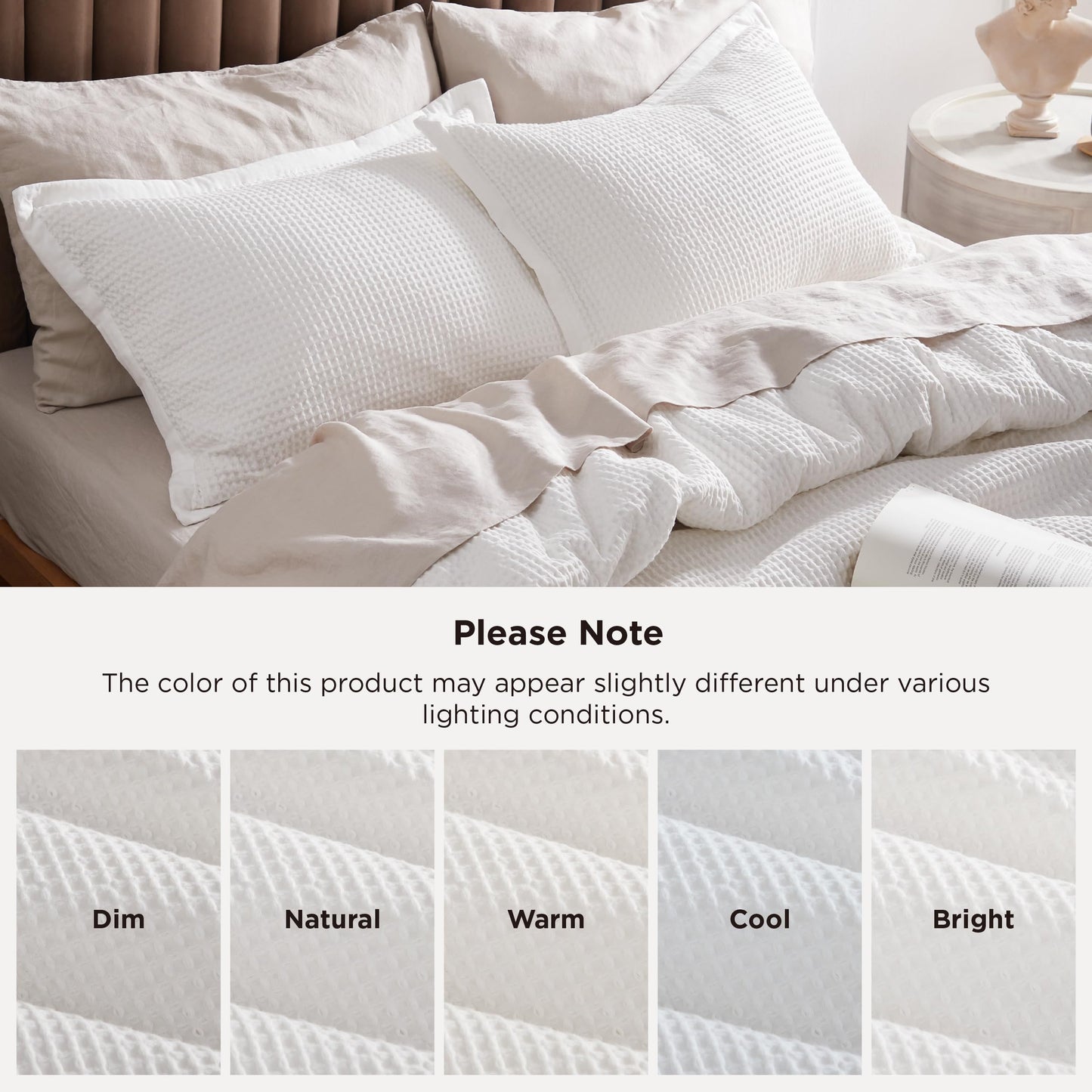 Bedsure PureWoven 3 Pieces 100% Cotton Waffle Duvet Cover Set, Queen, White