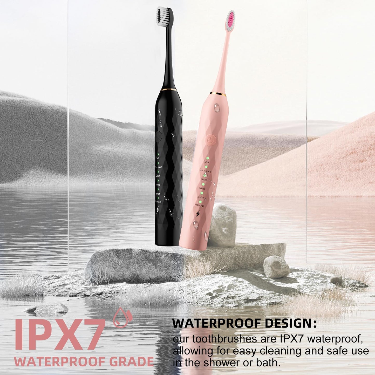 MAXWISDOM Electric Toothbrush 2 Pack - Electric Toothbrush for Adults with 12 Replacement Brush Heads, 2 Toothbrush Holders, 6 Modes (Black & Pink)
