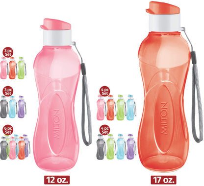 MILTON Water Bottle Kids Reusable Leakproof 12 Oz Plastic Wide Mouth Large Big Drink Bottle BPA & Leak Free with Handle Strap Carrier for Cycling Camping Hiking Gym Yoga - Set of 6