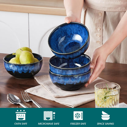 vancasso Starry 24oz Bowls for Soup, Ceramic Soup Bowls Set of 4, Blue Cereal Bowls Set, Salad Bowls Set of 4, Pasta Oatmeal Bowls, Lead-Free, Dishwasher & Microwave Oven Safe, Blue