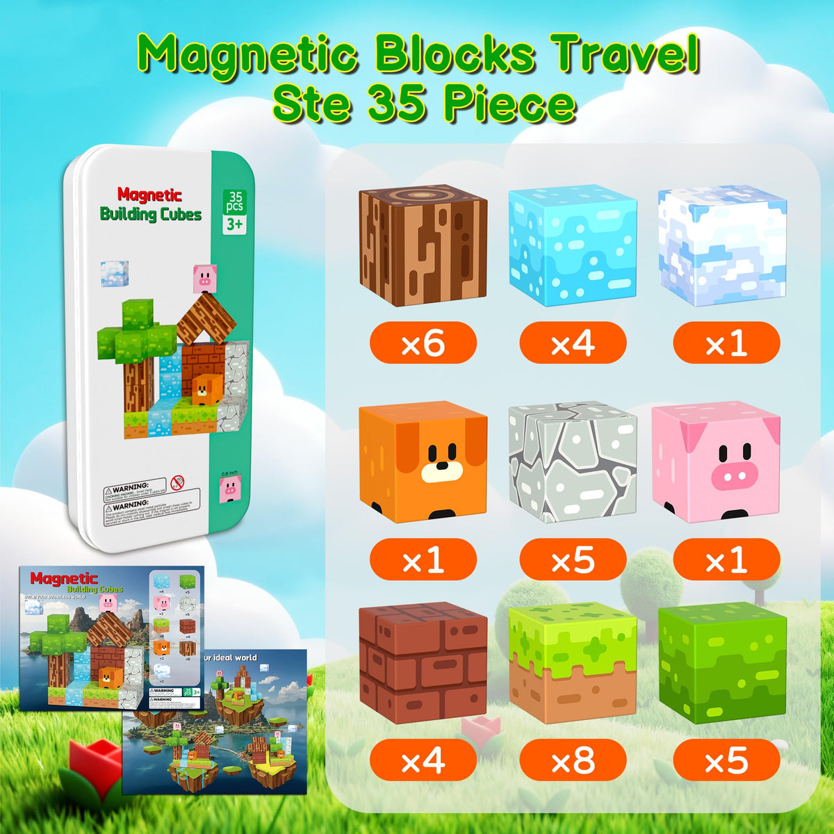 Magnetic Blocks Magnetic Building Blocks Cubes - 35PCS Tin Box Magnet Toys Travel Set STEM Educational for Kids Ages 4-8, 6-8, 8-12 Year Old Boys and Girls Birthday Christmas