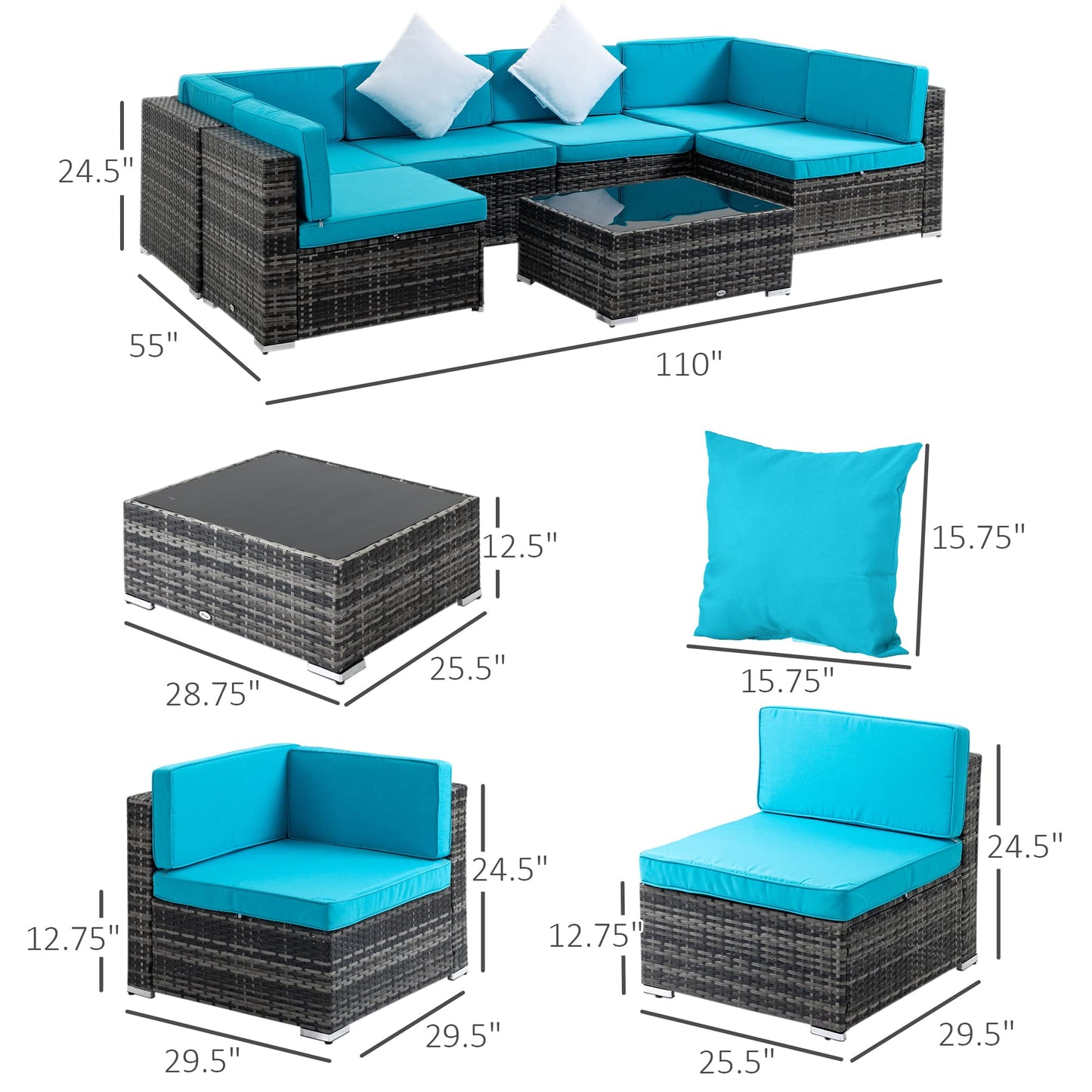 Outsunny 7 Piece Patio Furniture Set, PE Rattan Outdoor Conversation Set with Sectional Sofa, Glass Tabletop, Cushions and Pillows for Garden, Lawn, Deck, Mixed Grey and Sky Blue