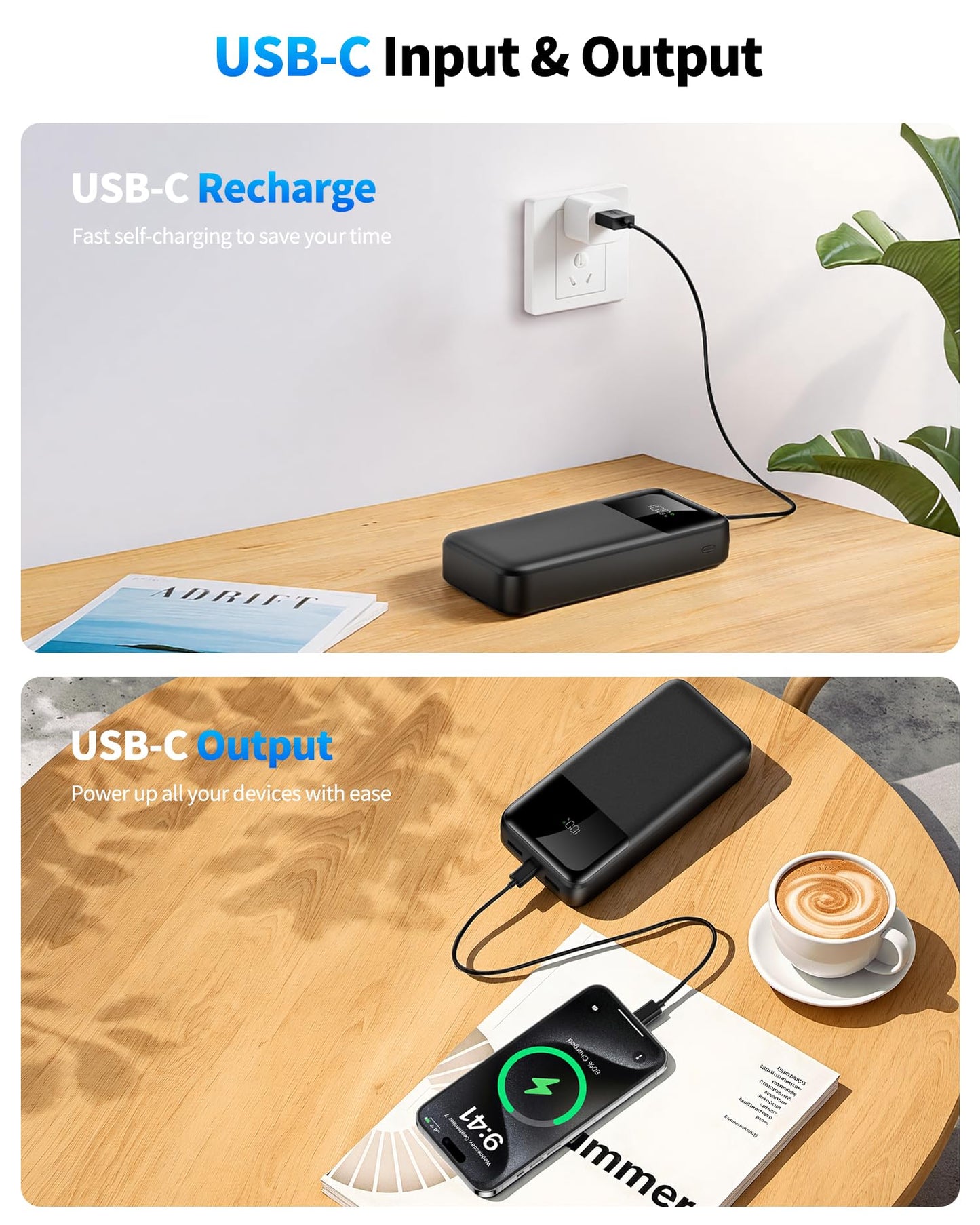 Power Bank Portable Charger 40000mAh, 22.5W Fast Charging, Built-in USB-C & Lightning Cables, Charge 5 Devices Simultaneously LCD Display for iPhone and Android Phones and Most Electronic Devices