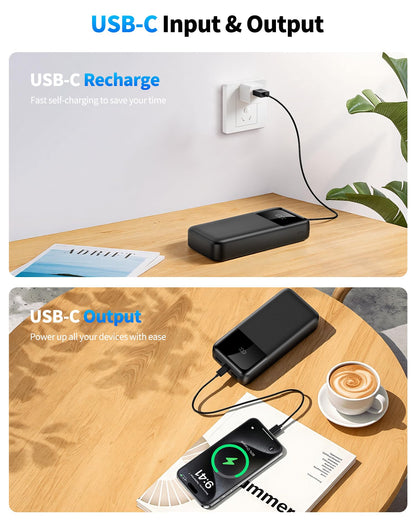 Power Bank Portable Charger 40000mAh, 22.5W Fast Charging, Built-in USB-C & Lightning Cables, Charge 5 Devices Simultaneously LCD Display for iPhone and Android Phones and Most Electronic Devices