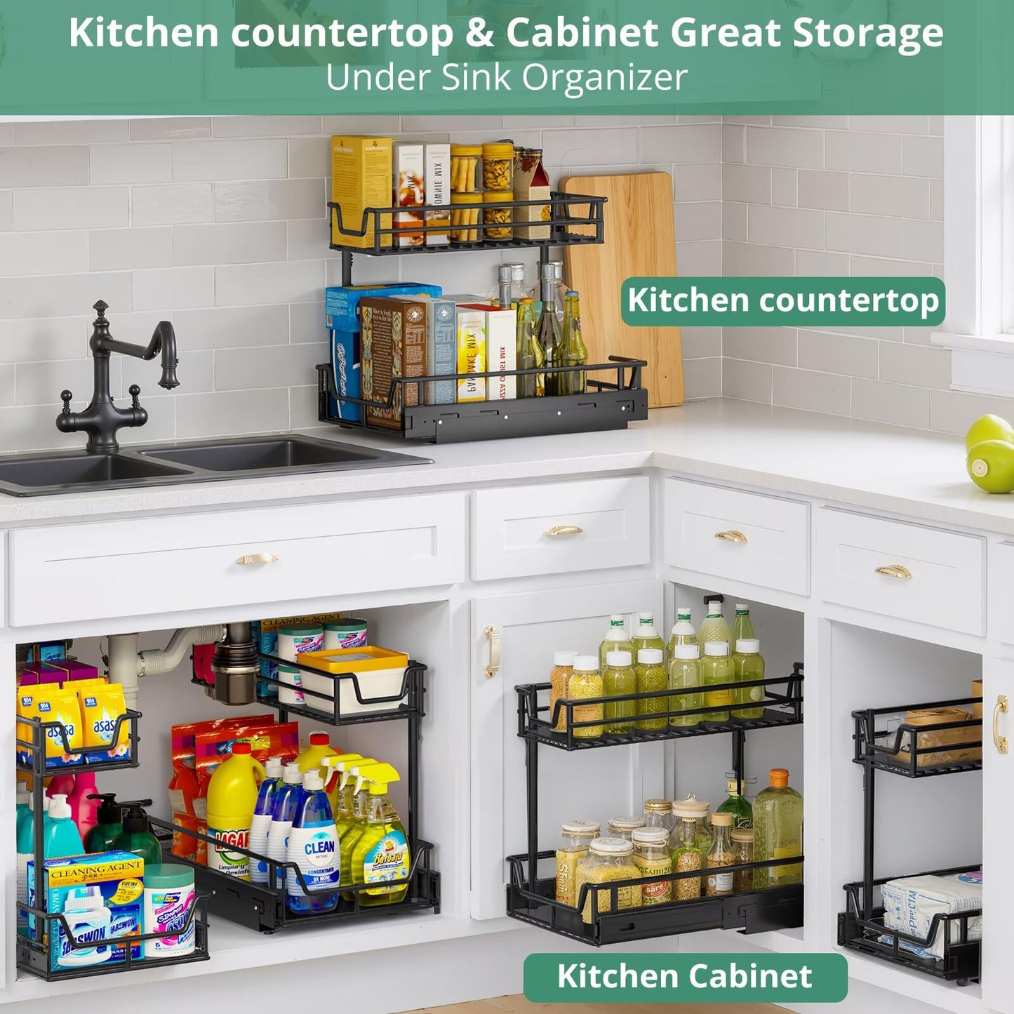 Under Sink Organizer 1-Pack, 27kg Load Smooth Glide Pull Out Drawer & 2-Tier Slide Out Shelf - Under Cabinet Storage for Kitchen & Bathroom, Rust-Resistant Steel, Fits Height≥48cm Depth≥46cm