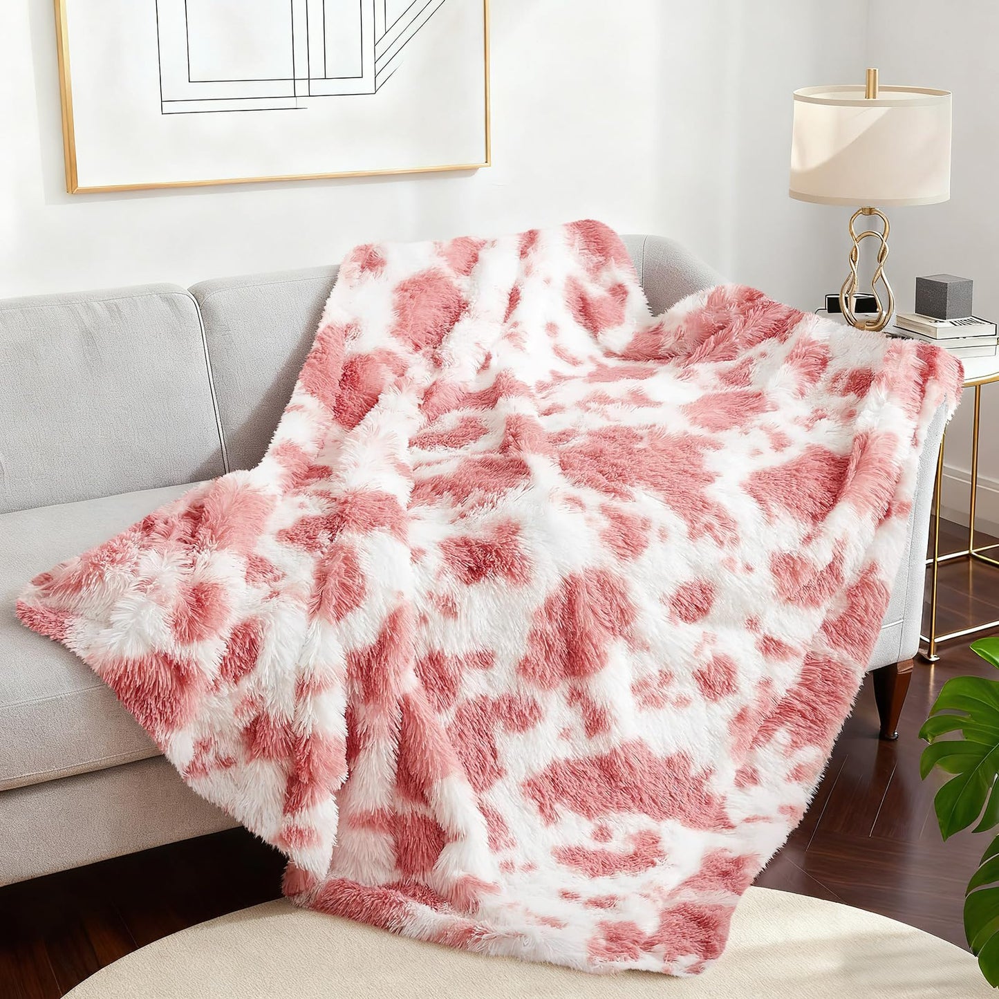 Cow Print Throw Blanket for Couch - Luxury Soft Shaggy Faux Fur Blanket, Cute Fuzzy Plush Cozy Fluffy Blankets for Girls Women, Warm Comfy Bed Sofa Decor, Birthday Gifts,50"x60"(Cow Print Pink)
