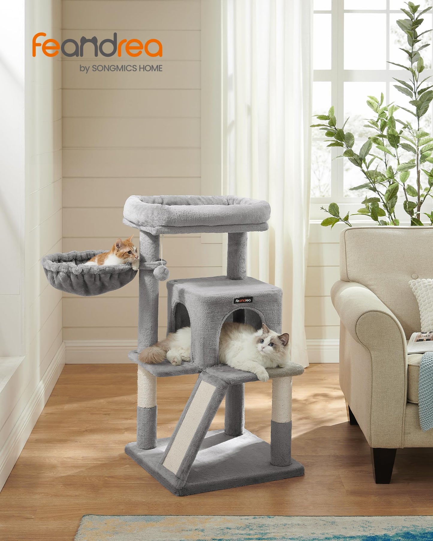 Feandrea Cat Tree, Small Cat Tower with Widened Perch for Large Cats Indoor, Kittens, 96 cm Multi-Level Cat Condo, Scratching Posts and Ramp, 2-Door Cat Cave, Cat Basket, Light Gray UPCT51W