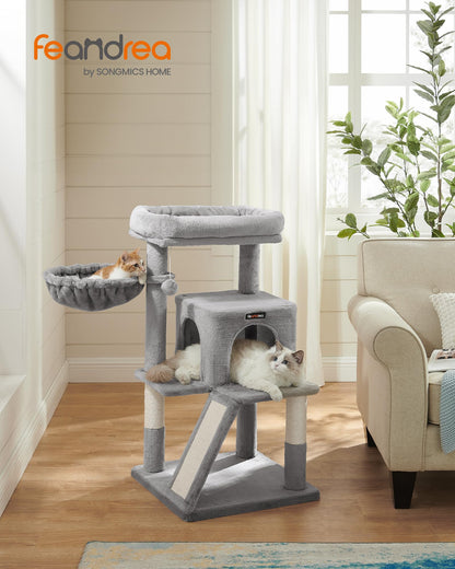 Feandrea Cat Tree, Small Cat Tower with Widened Perch for Large Cats Indoor, Kittens, 96 cm Multi-Level Cat Condo, Scratching Posts and Ramp, 2-Door Cat Cave, Cat Basket, Light Gray UPCT51W