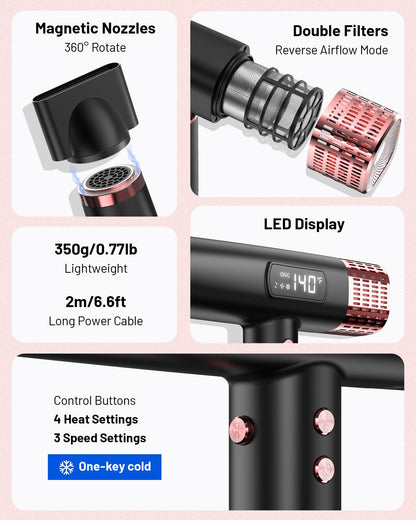 Dual Voltage Travel Hair Dryer with Diffuser - Professional High-Speed Ionic Blow Dryer for Women, Dark, HD-3222