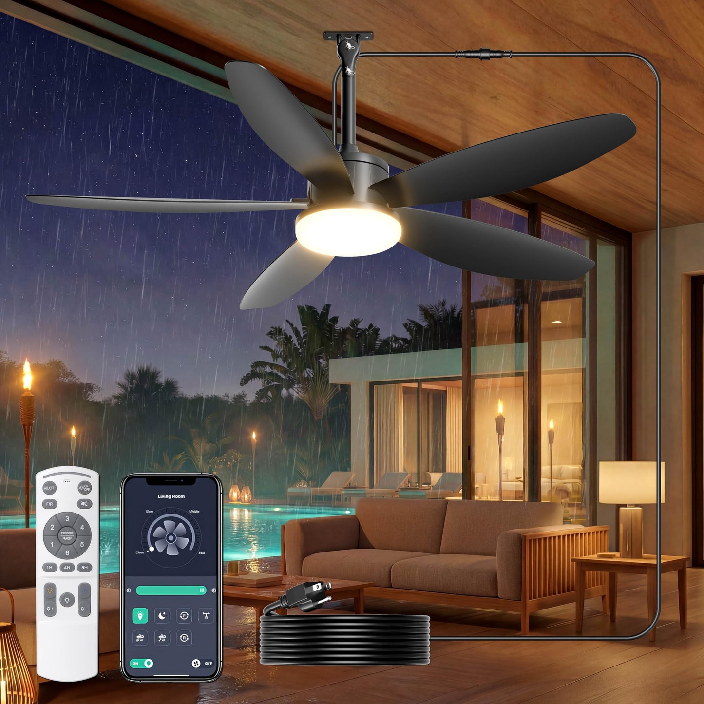 Phylluz 42 Inch Waterproof Outdoor Ceiling Fan with Light, Modern Ceiling Fans with 3 Colors LED Light, App & Remote Control, Quiet DC Motor, for Patios Gazebo, Black